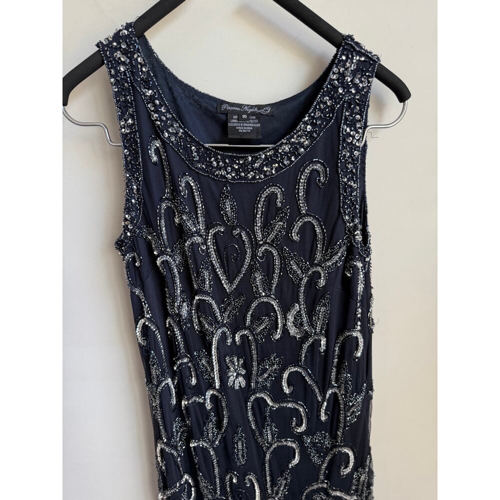 Pisarro Nights Embellished Mesh Drop Waist Maxi Dress Navy Blue Women's Size 10 - Picture 3 of 9